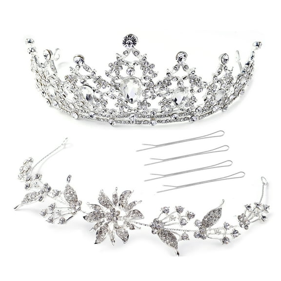 White Glass Crystal Fancy Flower Crown Tiara with Hair Band Pins in Birthday Gifts
