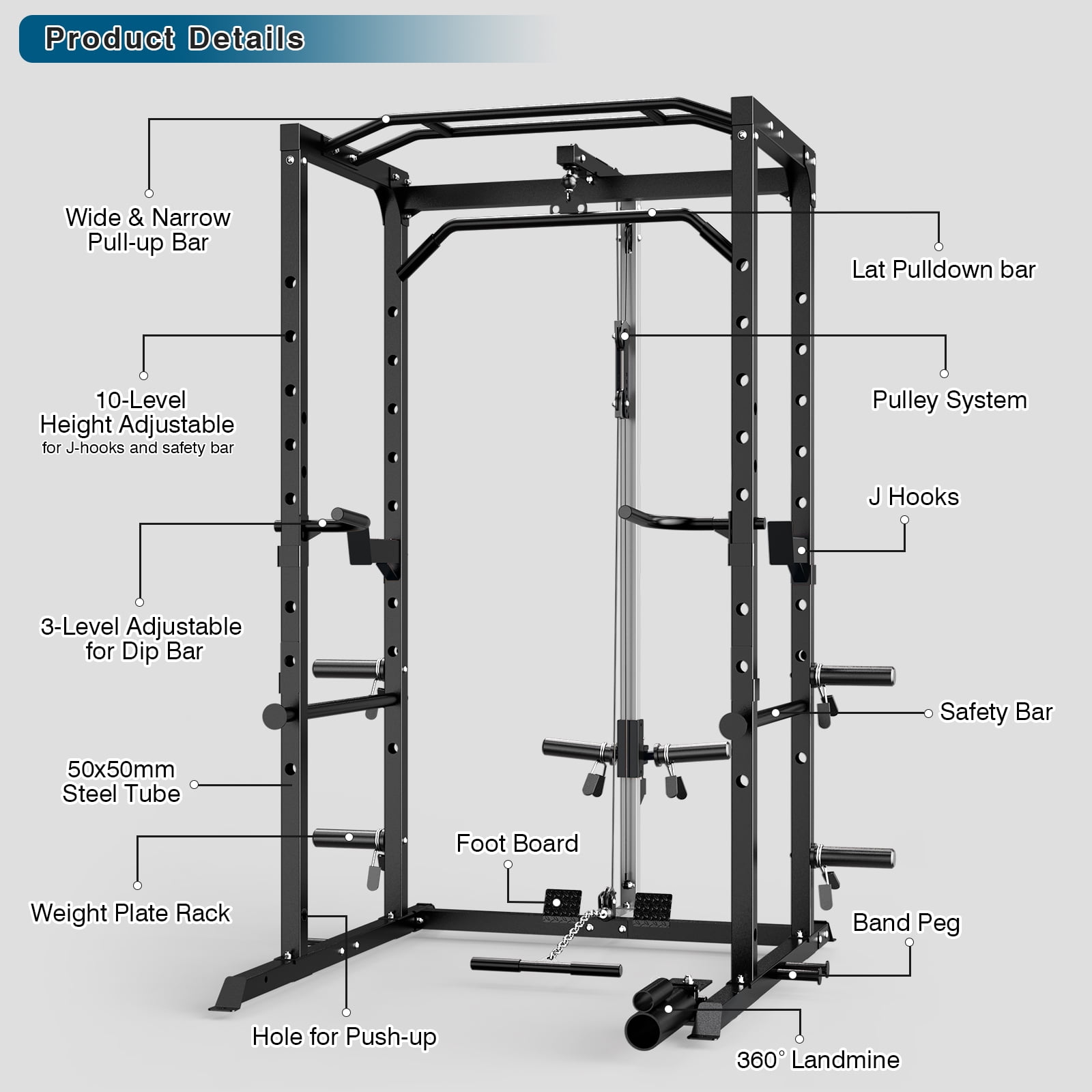 ULTRA FUEGO Power Cage, Multi-Functional Power Rack with J-Hooks, Dip Handles, Landmine Attachment and Optional Cable Pulley System for Home Gym,BLK