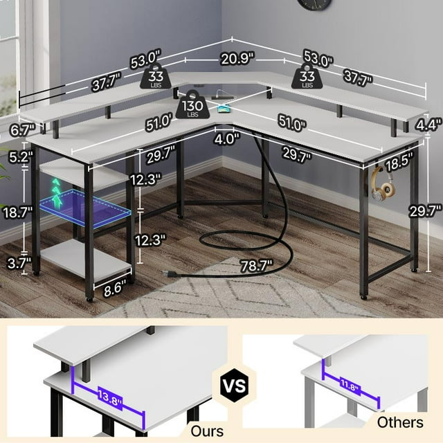 L-Shaped Desk with Power Outlets & LED Strip, Monitor Stand, Storage Shelf & Hooks - Home Office/Gaming Computer Desk