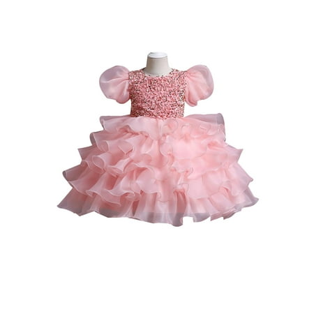 

elfinBE Baby Girl Sequin Puff Sleeve Multilayer Dress Elegant Princess Evening Dress 18-27M 2-9T