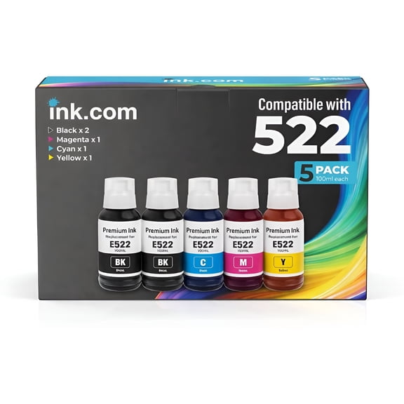 Ink .Com Compatible 522 High Capacity Ink Refill 5 Pack Compatible with Epson for ET-2803 ET-2800 ET-2720 ET-4800 Printers