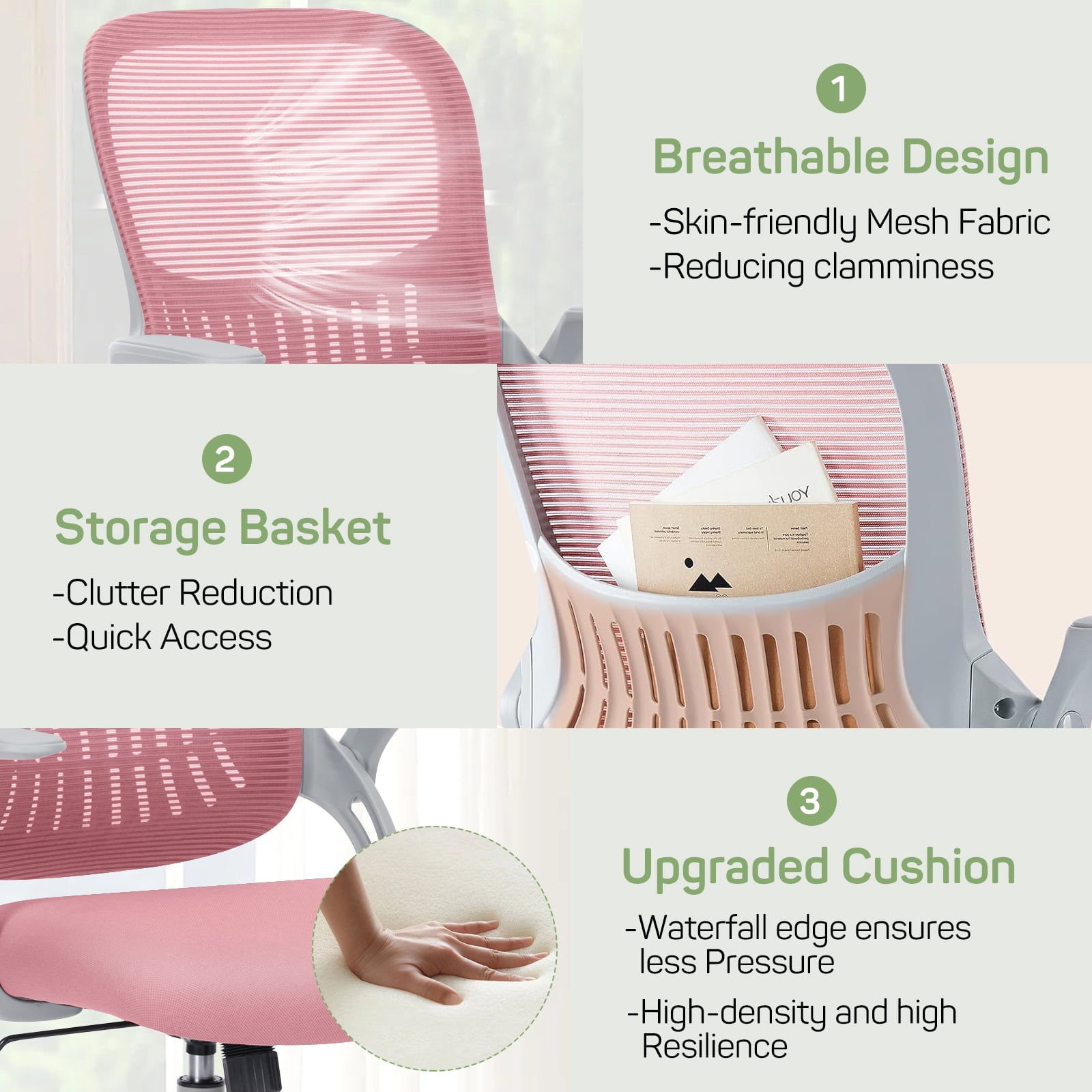 Casabay Office Chair, Ergonomic Mesh Desk Rolling Work Swivel Task Chairs with Flip-up Armrests, Comfortable Lumbar Support, for Home, Bedroom, Study