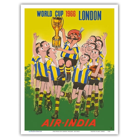 1966 World Cup London England - Air India - Maharajah Soccer Player - Vintage Airline Travel Poster by Umesh Rao c.1960s - Master Art Print (Unframed) 9in x 12in