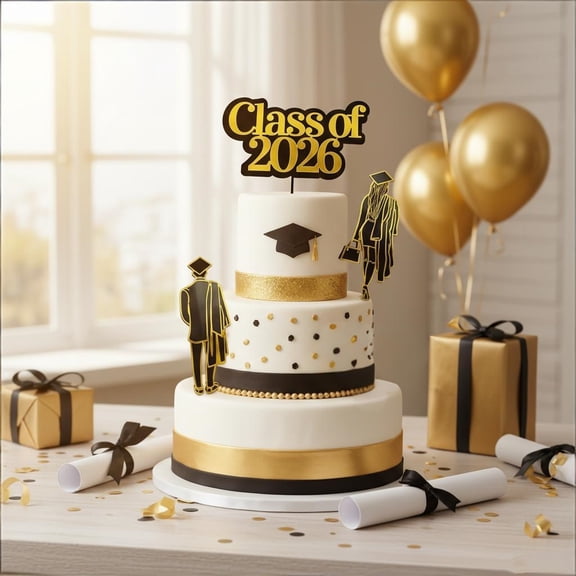4 Inch Double Layer Acrylic Graduation Cake Plugin for Class of 2026 Party Decorations and Festive Dessert Table Centerpieces, Black Gold 2026