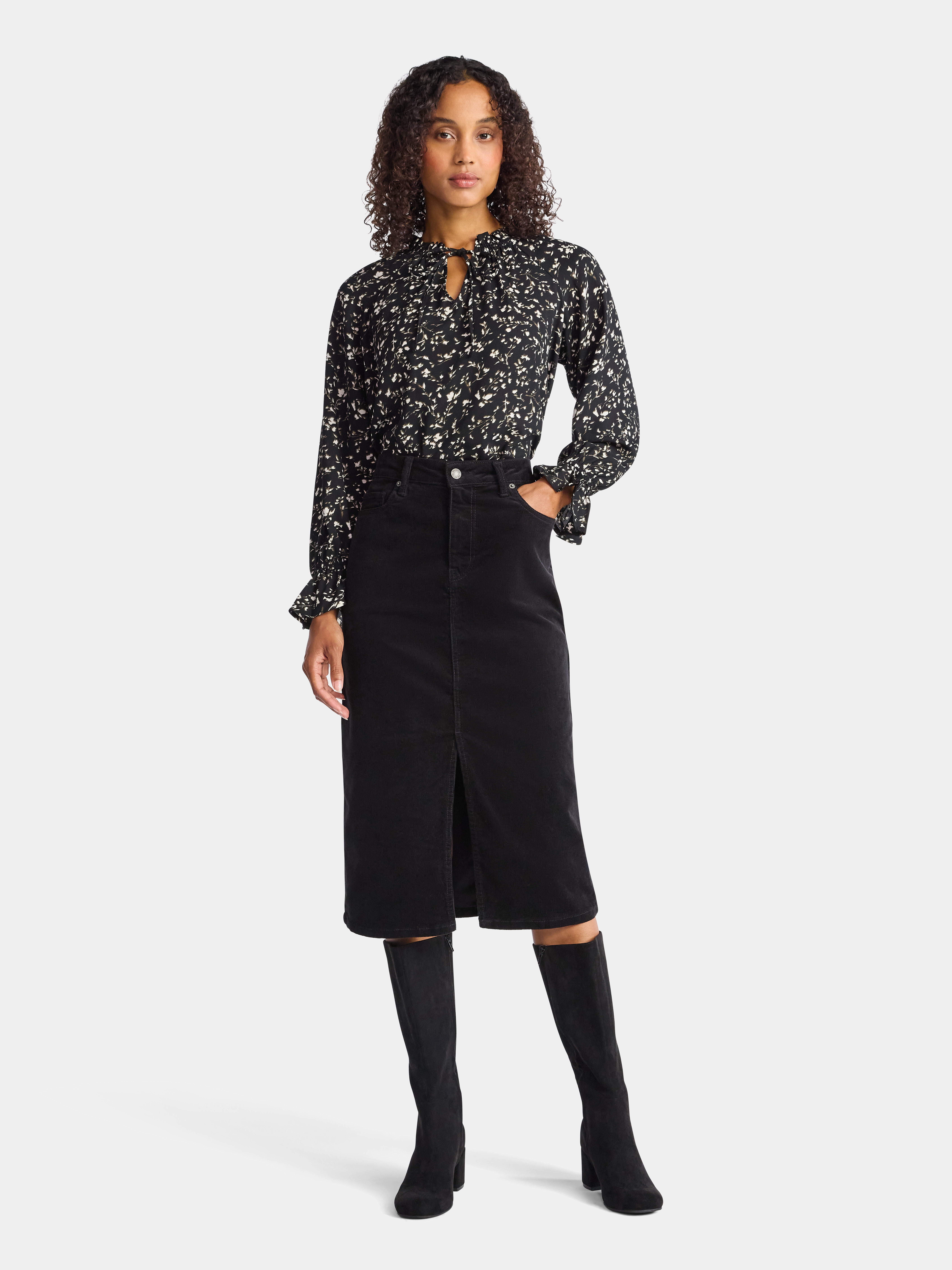 Time and Tru Women's Corduroy Midi Skirt with Front Slit, Sizes 0-20
