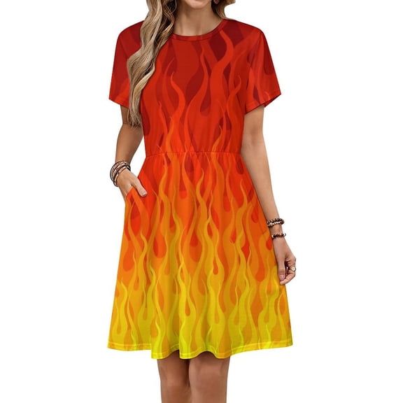 Red Orange Yellow Burning Flames And Fire Dress Fashion Beach Short Sleeve Dresses Female Party Printed Sundress