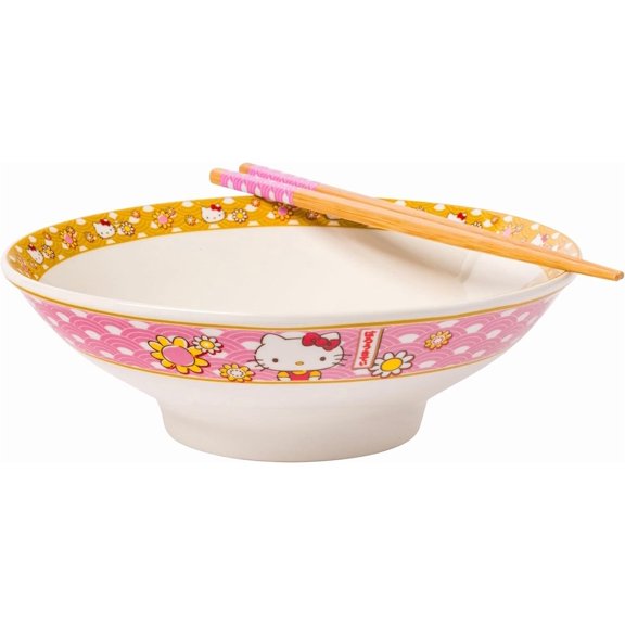 Sanrio Hello Kitty Pink and Gold Japanese Pattern with Flowers Ceramic Ramen Noodle Rice Bowl with Chopsticks, Microwave Safe, 30 Ounces