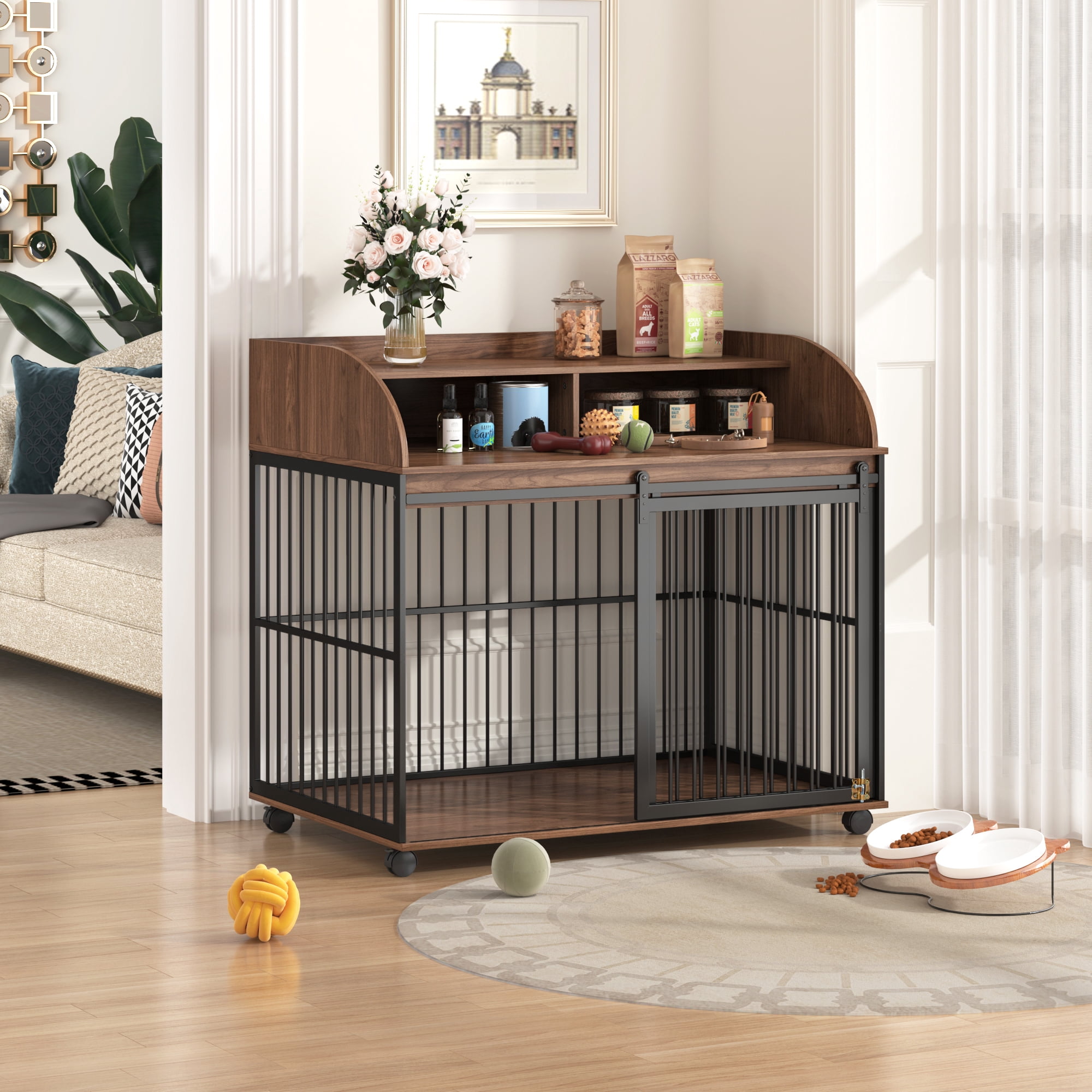 44'' Heavy Duty Large Dog Crate for Large Medium Dog with Lockable Wheels, Wooden Dog Crate Dog Kennel, End Table Crate with Double Layer Storage