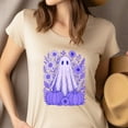 thumbnail image 4 of Purple Ghost with Pumpkins Floral Halloween Graphic T-Shirt, Heliconia, Size XL, 4 of 6