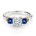 thumbnail image 2 of 925 Sterling Silver and 10K Yellow Gold White Moissanite and Blue Created Sapphire 3 Stone Engagement Ring for Women (1.79 Cttw, Cushion Cut 6MM and 4MM, Available in Size 5, 6, 7, 8, 9), 2 of 4