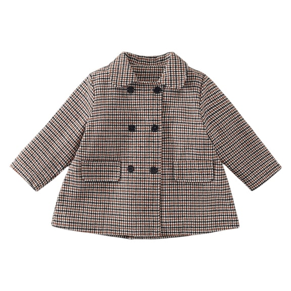 CPNG Girls Houndstooth Plaid Coat Double Breasted Lapel Collar Long Sleeve with Pockets Fall Winter Casual Mid-Length Pea Coat Outerwear