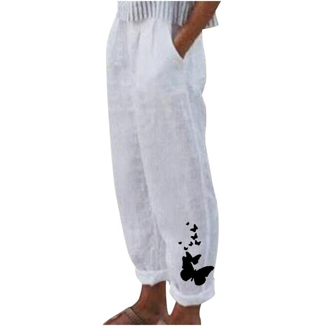 Pantalones estampados de bolsillo de algodón y lino sueltos casuales de verano para mujer Pantalones Pompotops ulkah938983