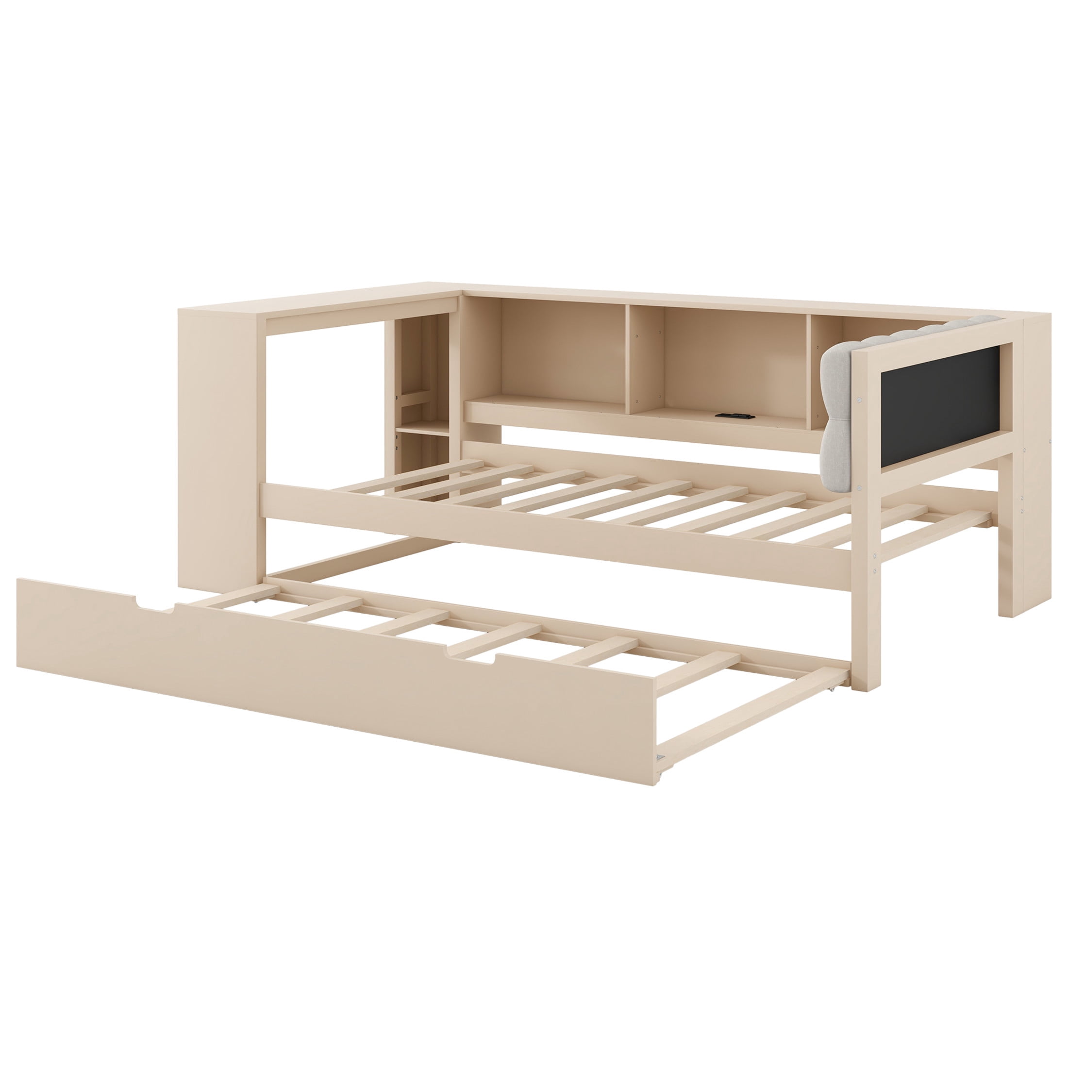 Noble House Twin Wooden Platform Bed, Upholstered Headboard, Storage Shelves, Charging Station and Trundle, Cream
