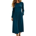 thumbnail image 2 of Karymi Solid Crew Neck Long Sleeve Midi Dress, Elastic Cuff Gathered Empire Waist Side Pockets Daily Fall Winter Sundress Summer Dresses for Women, 2 of 7