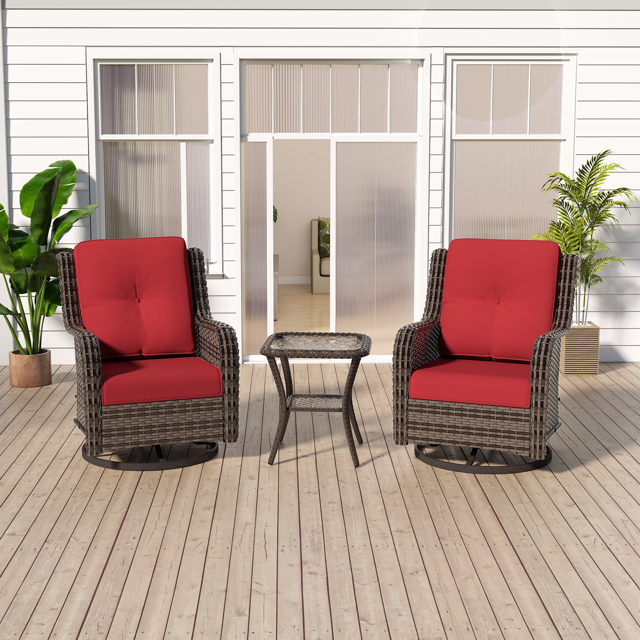 MeetLeisure 3 Piece Wicker Patio Furniture Set with Side Table, Outdoor Swivel Rocker Chairs with High Back, Deep Seating, Wide Armrest, Thick Cushions for Deck Porch, Red