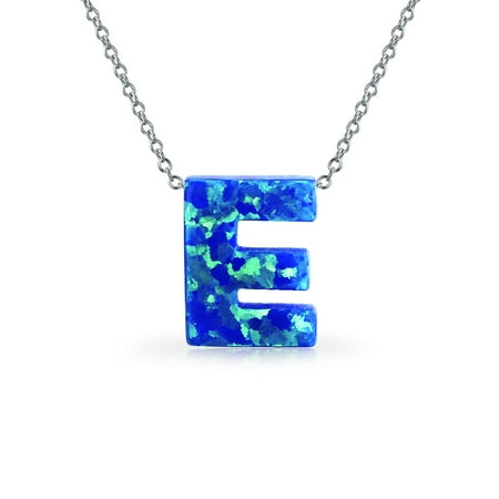 - Blue Created Opal ABC Block Letter Alphabet Initial A-Z Pendant Necklace For Women Sterling Silver October Birthstone