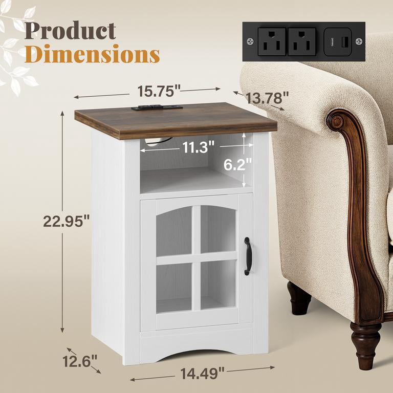 Lacoo End Table with LED Lights & Power Outlet, Side Table with Glass Door for Living Room, Nightstand with Storage for Bedroom, White