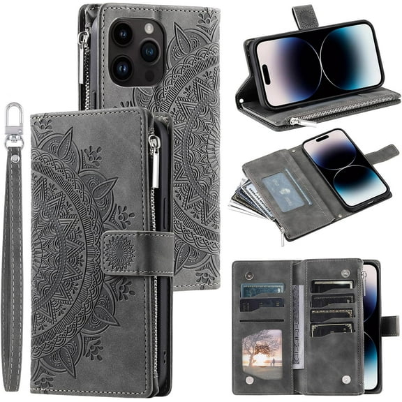Compatible with iPhone 15 Pro Max Case Wallet for Women, Mandala Floral Embosssed PU Leather Folio Zipper Cover Magnetic Flip Book Case with Card Holder Wrist Strap (Grey)