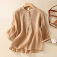 thumbnail image 2 of Xihbxyly 3/4 Sleeve Tshirts Shirts for Women Plus Size Women's Cotton Linen Button Short Sleeve Shirts Summer Loose Crew Neck Casual Boho Top Vintage Embroidered Blouse Tops, 2 of 6