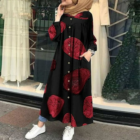 

Dadaria Dresses for Women 2022 V Neck Loose Long Sleeve Cotton Linen Print Ankle length Long Red XS Female