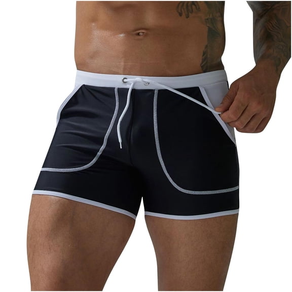Men's Color Block Square Leg Swim Briefs Quick Dry Stretch Athletic Swim Trunks with Pockets Lightweight Breathable Bathing Suits,Black,M