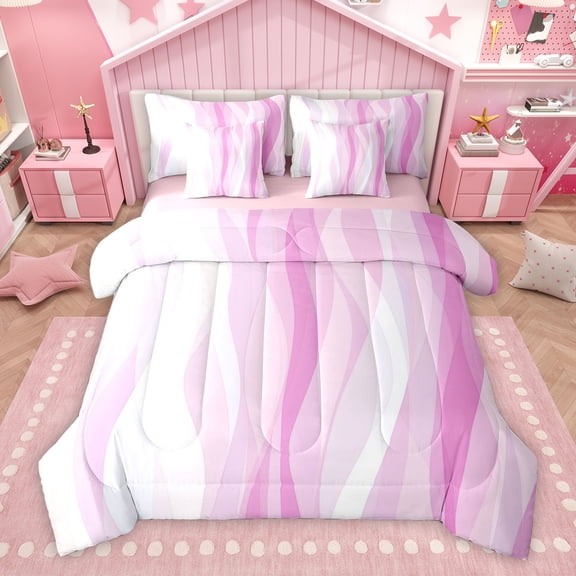 Homewish Pink Stripes Ombre Twin Bedding Sets 7-Piece for Women, Modern Fashion Abstract Bedding Comforter Set, Chic Line Reversible Sheet Sets, Breathable Home Decor