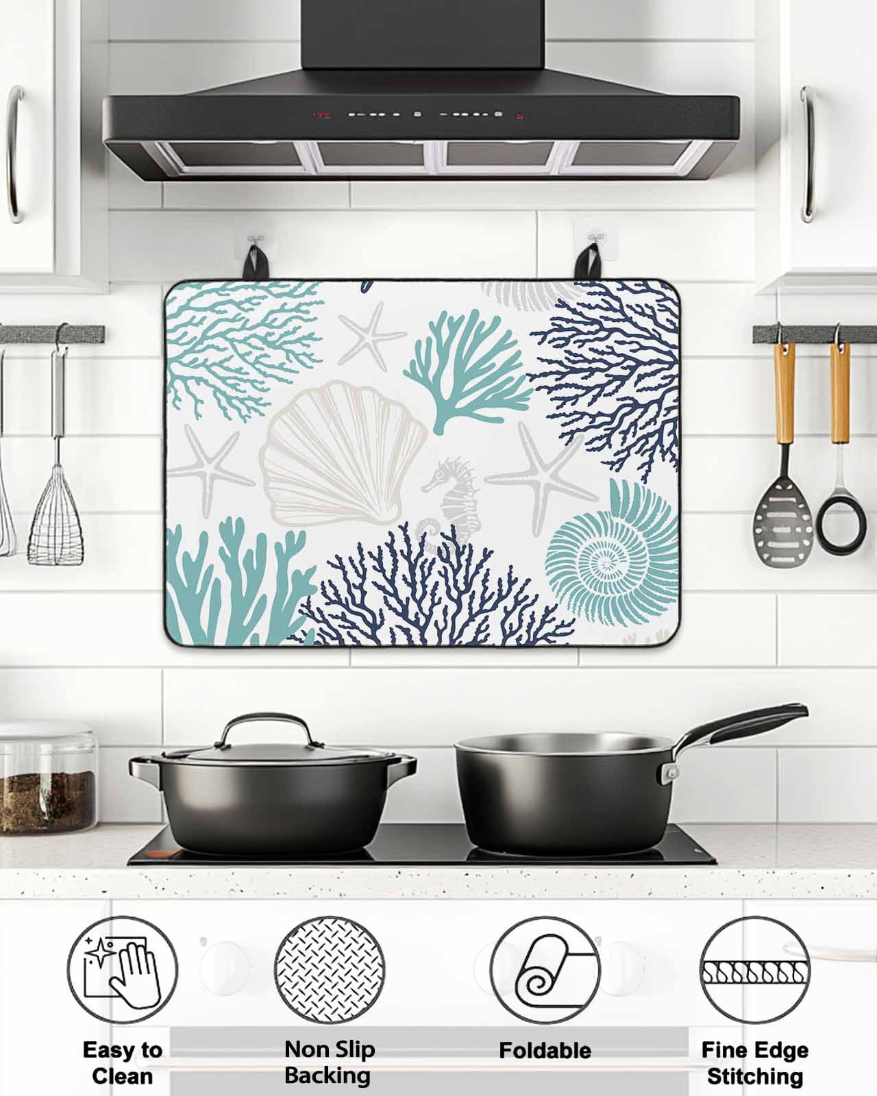 Stove Top Covers for Electric Stove, Teal Blue Grey Coastal Glass Stovetop Cover Protector, Summer Beach Coral Shell Starfish Induction Cooktop Protector Oven Mat for Kitchen Countertop 24"x21"