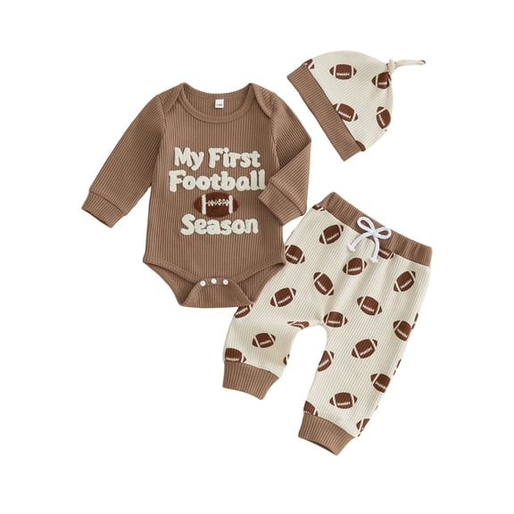Loicainy Infant Baby Boy Fall Outfits 3 6 12 18 Months Football Letter Embroidered Long Sleeve Romper Pants and Knot Hat 3 Piece Clothes Set