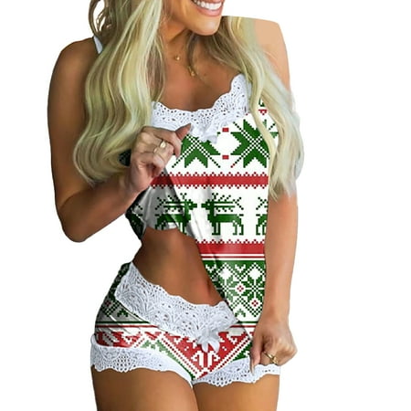 

Yobecho Women s Fashion Santa Deer Print Cute Pajamas Two Piece