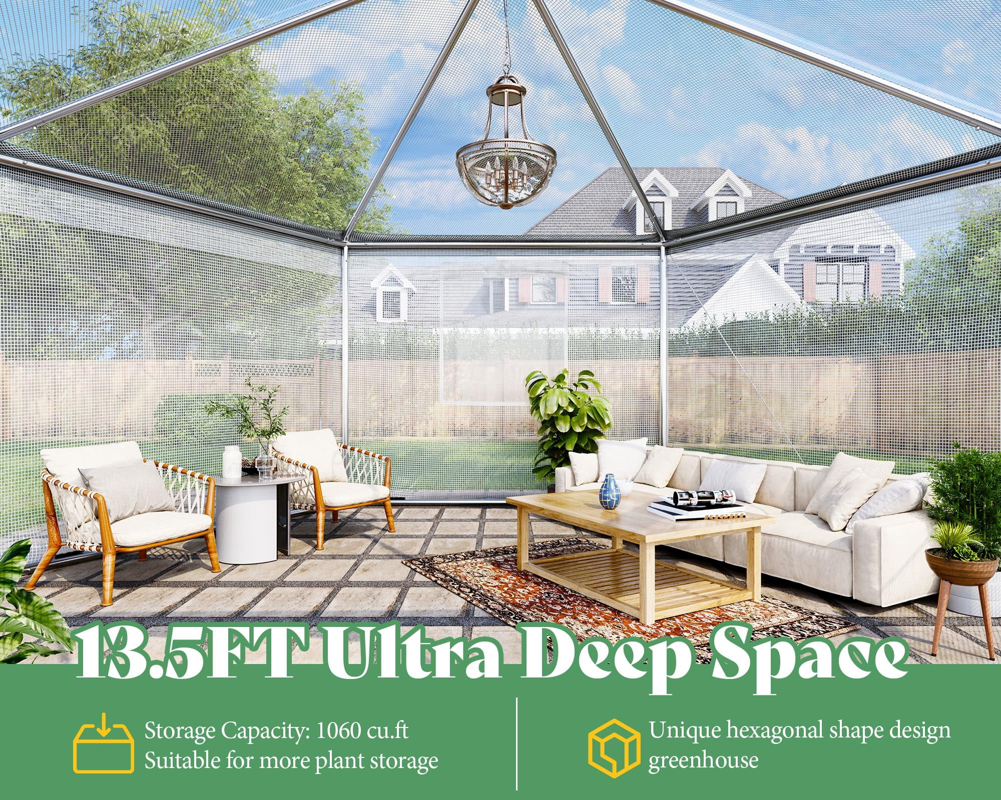 13.5x13.5x9 ft Hexagonal Walk-in Greenhouse for Outdoors, White/Green