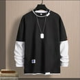 thumbnail image 4 of comerut Men Spring T-shirt Fake Two-piece Round Neck Long Sleeves Loose Pullover Keep Warm Contrast Color Friendly to Skin Men Top Men Clothes, 4 of 8