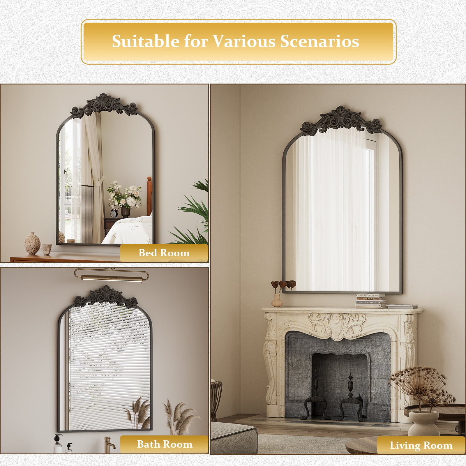 BEAUTYPEAK 38 x24 Wall Decor Mirror Arched Metal Vintage Bathroom Mirror Bronze