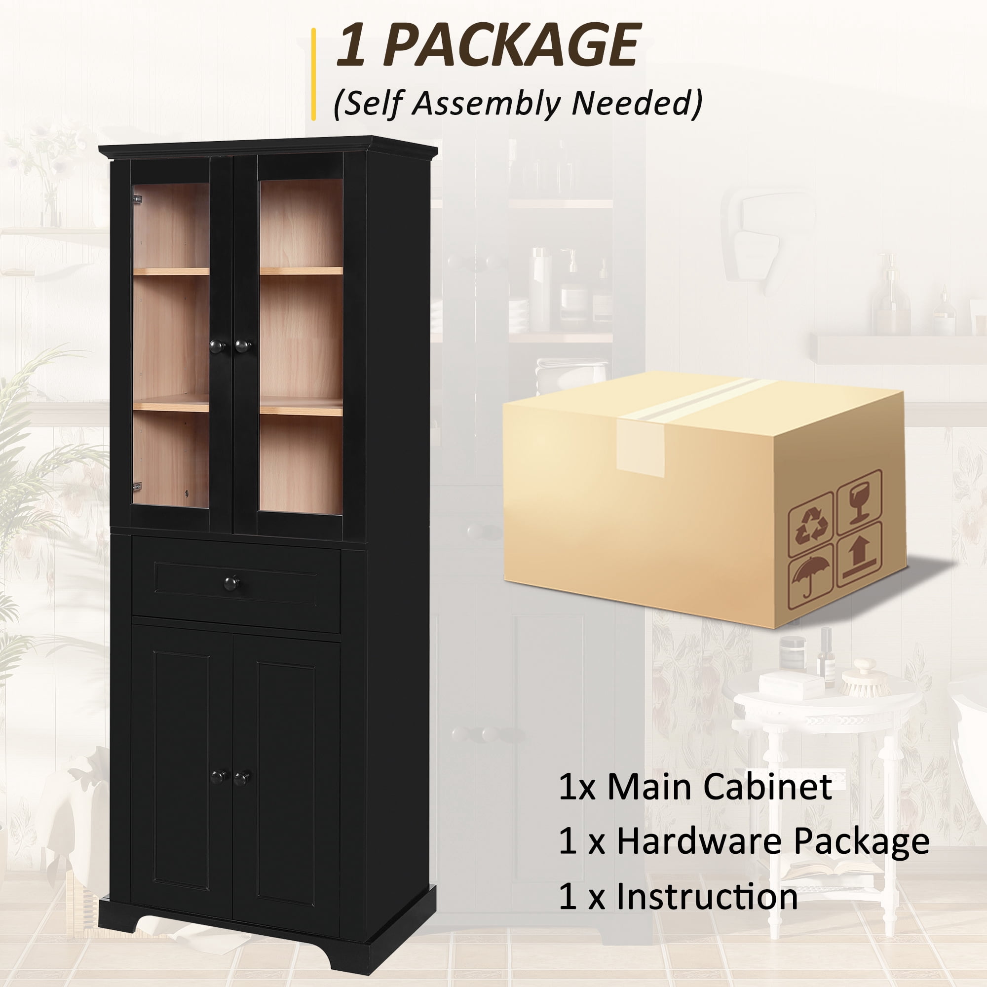 Euroco 67.2" Tall Bathroom Storage Cabinet with Tempered Glass Doors, Adjustable Shelves & Drawer – Modern Freestanding Linen Tower, Soft-Close Design
