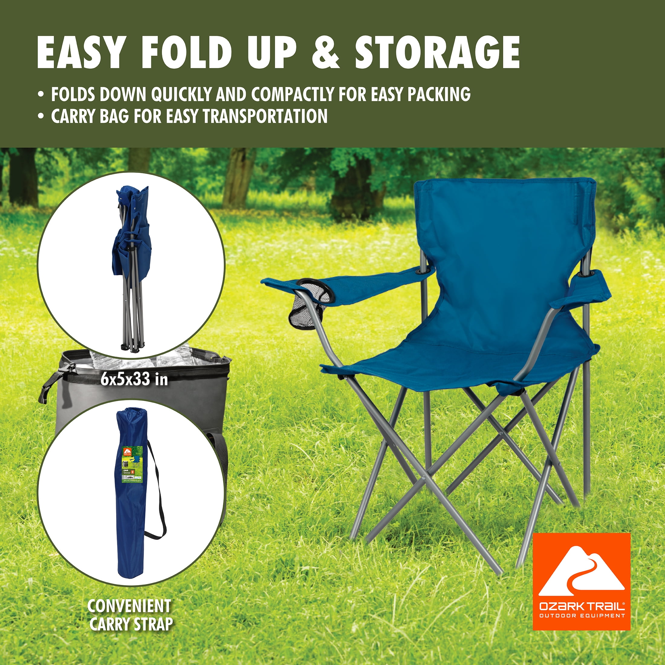 Ozark Trail Basic Quad Folding Camp Chair with Cup Holder, Blue
