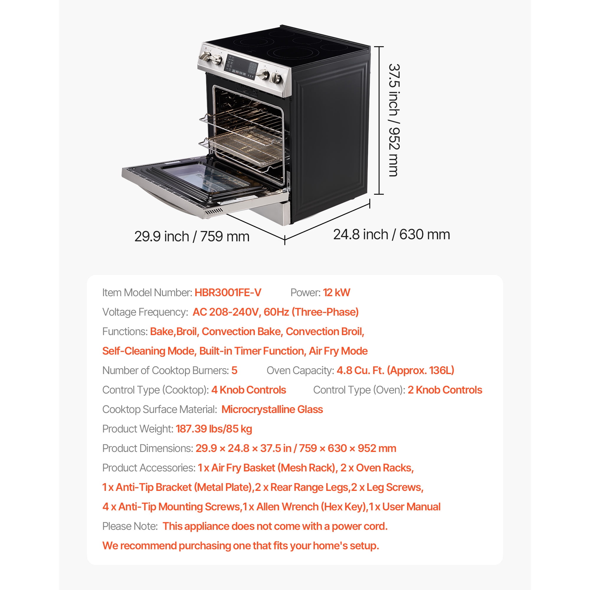 KFFKFF 30-Inch Electric Range Oven, 4.8 Cu. Ft. Freestanding Oven, Stainless Steel Kitchen Stove with 5 Cooking Zones, Timer, Self-Cleaning, Adjustable Racks, and Storage Drawer