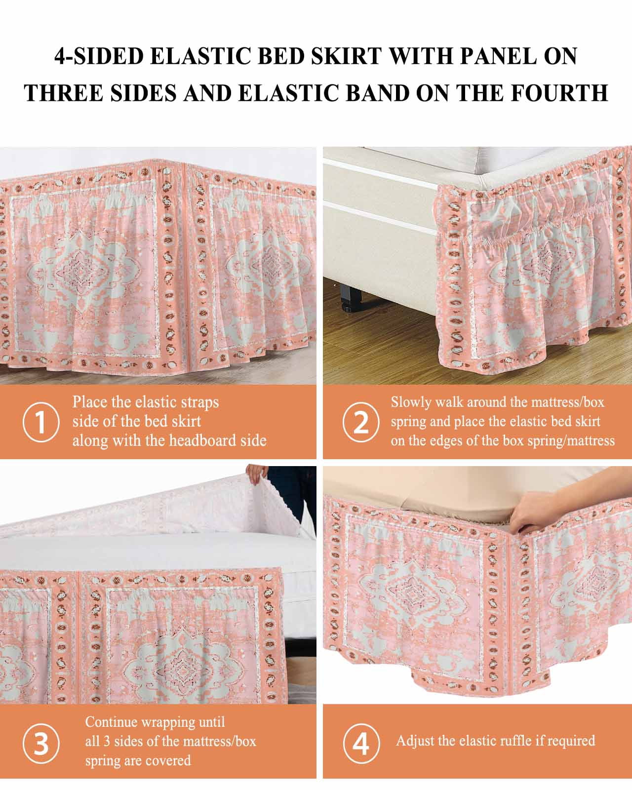 Pink Boho Wrap Around Bed Skirts for Queen Bed 16" Drop,Bed Skirt with Adjustable Elastic Belt Dust Ruffle Bed Valance for Bedroom Hotel Vintage Abstract Tribal Decorative Oriental Bed Frame Cover