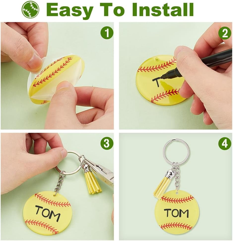 30 pcs Softball Baseball Acrylic Keychain Mutil-color Acrylic Keychain with Tassel for Gift School Rewards Sports Party