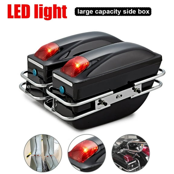 XiongXiong Universal Led Motorcycle Hard Saddle Bags W/ Mounting Brackets, Lock for Harley Davidson Stretched Saddle Bags Kawasaki Honda Shadow, Black