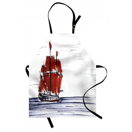Nautical Style Kitchen Sketchy Apron Sailing Ship Floating on the Sea Drawing Style Nautical Maritime Theme, Unisex Kitchen Bib Apron with Adjustable Neck for Cooking Baking Gardening, Dark Purple Ruby Black, by Ambesonne ()