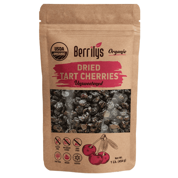 Berrilys Organic Dried Tart Cherries, 1 lb, Unsweetened, Pitted, Non-GMO, Kosher, Unsulfured, No Added Sugar