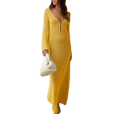 Womens Crochet Maxi Dresses Long Sleeve Bodycon Long Dress Hollow Out Summer Beach Vacation Bikini Cover Up Dresses