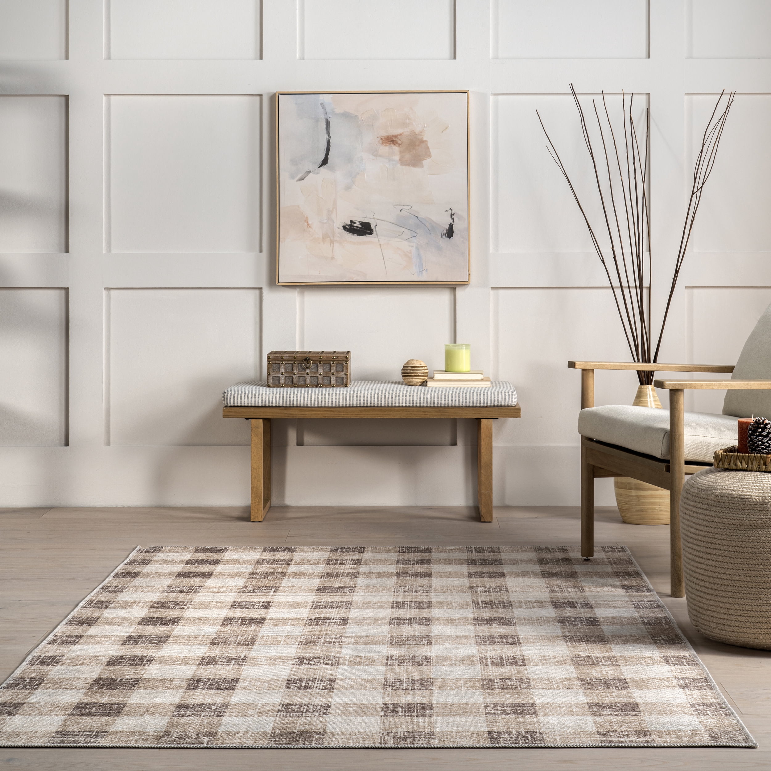 nuLOOM Drew Gingham Plaid Machine Washable Area Rug, 4' x 6', Light Brown