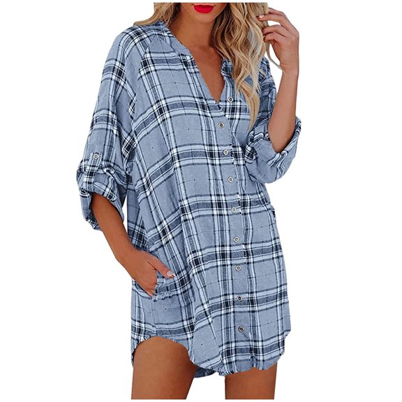 Winter EINCcm Blouses for Women, Casual Button-Down Shirts Long Roll Up Sleeve V Neck Plaid Printed Tops with Pocket, Summer Fall Womens Tunic Tops Blouses Tees Shirts