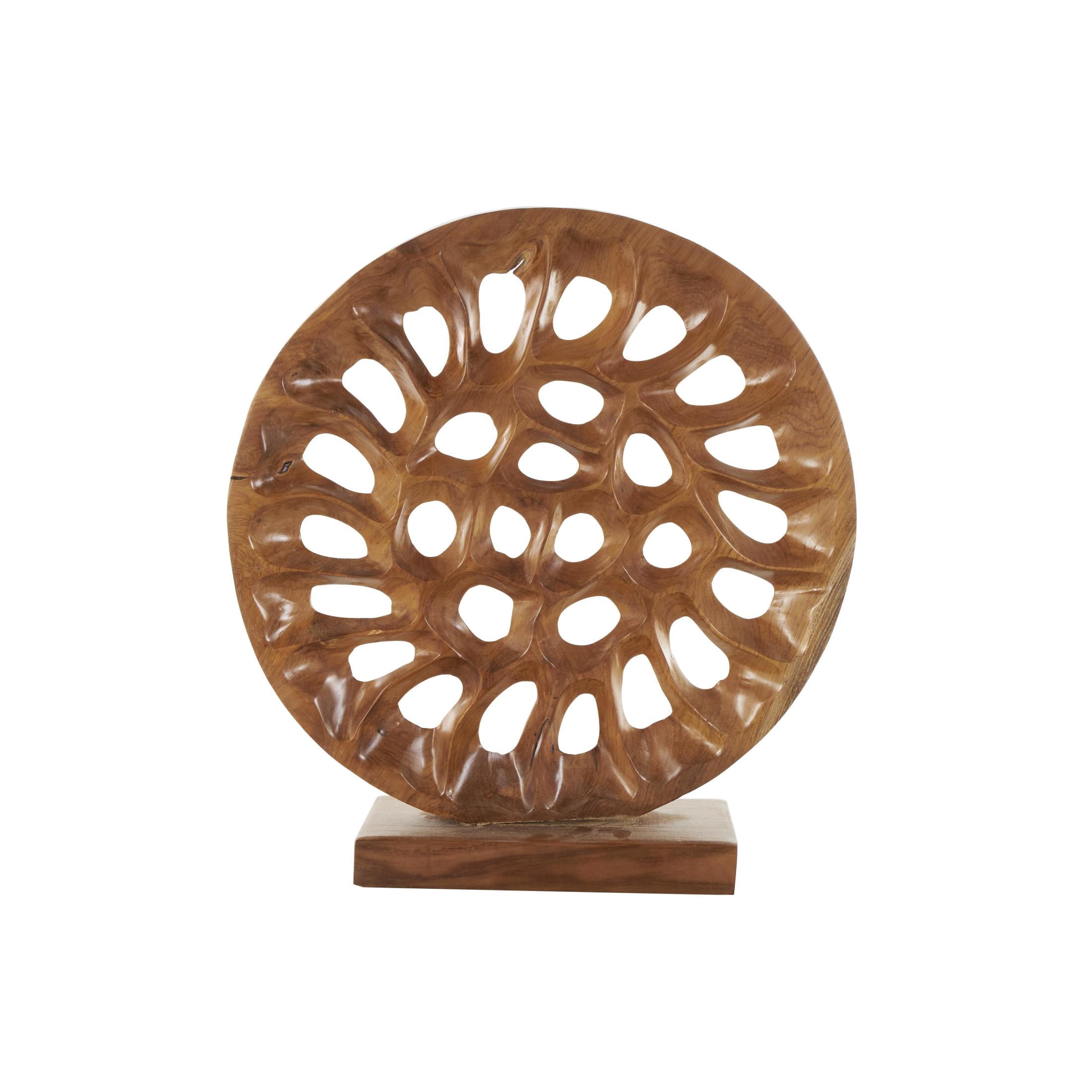 20" x 21" Brown Teak Wood Handmade Circular Cutout Abstract Sculpture, by DecMode