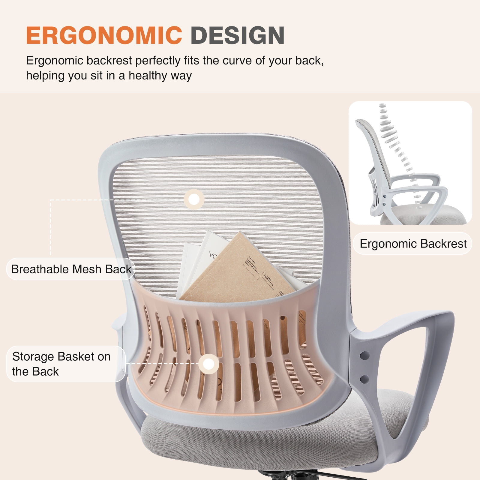 LIFERECORD Office Desk Chair Mesh Ergonomic Computer Gaming Chair Mid Back Chair with Comfy Lumbar Support Adjustable Height Swivel for Home Task, Grey