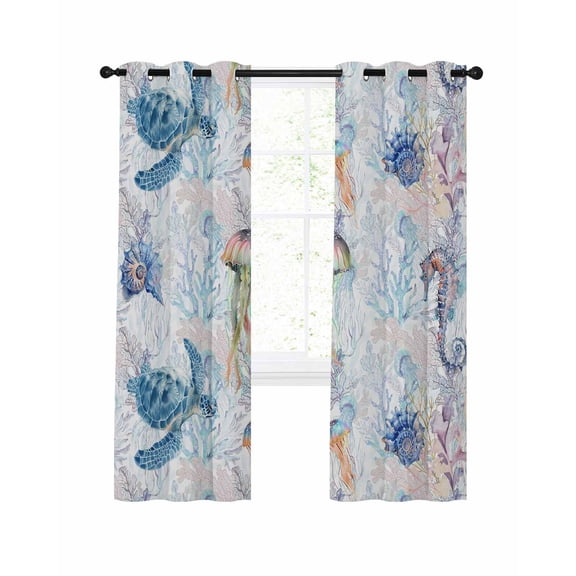 Blue Nautical Coastal Blackout Curtains 45 Inches Long for Bedroom, Nautical Beach Sea Turtle Coral Thermal Insulated Room Darkening Black Out Window Curtain Panels Grommet Drapes for Living Room
