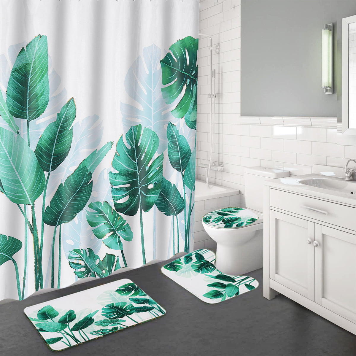 4x Bathroom Shower Curtain Set Waterproof Toilet Cover Mat Rug w/ 12 Hook 