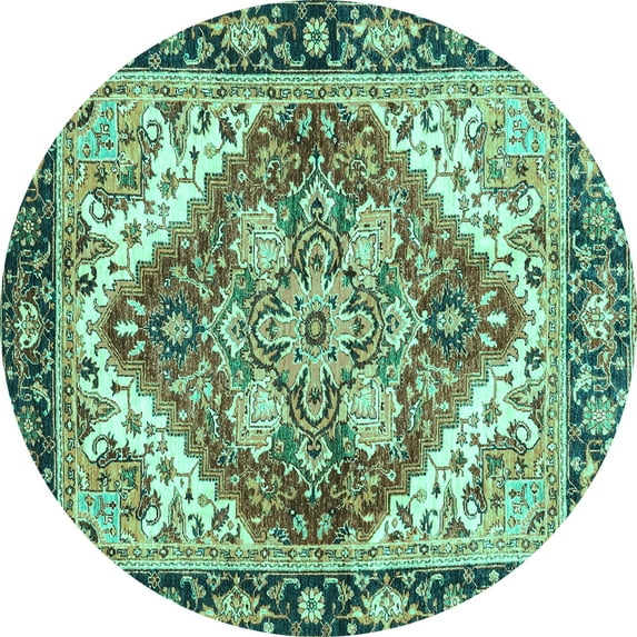 Ahgly Company Machine Washable Indoor Round Persian Turquoise Blue Traditional Area Rugs, 8' Round