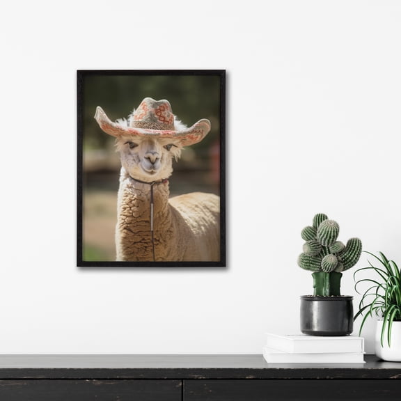Kate and Laurel Boho Llama Alpaca Wearing A Western Cowgirl Hat Framed Wall Art by The Creative Bunch Studio, 12x16 Black, Cute Llama Art for Wall