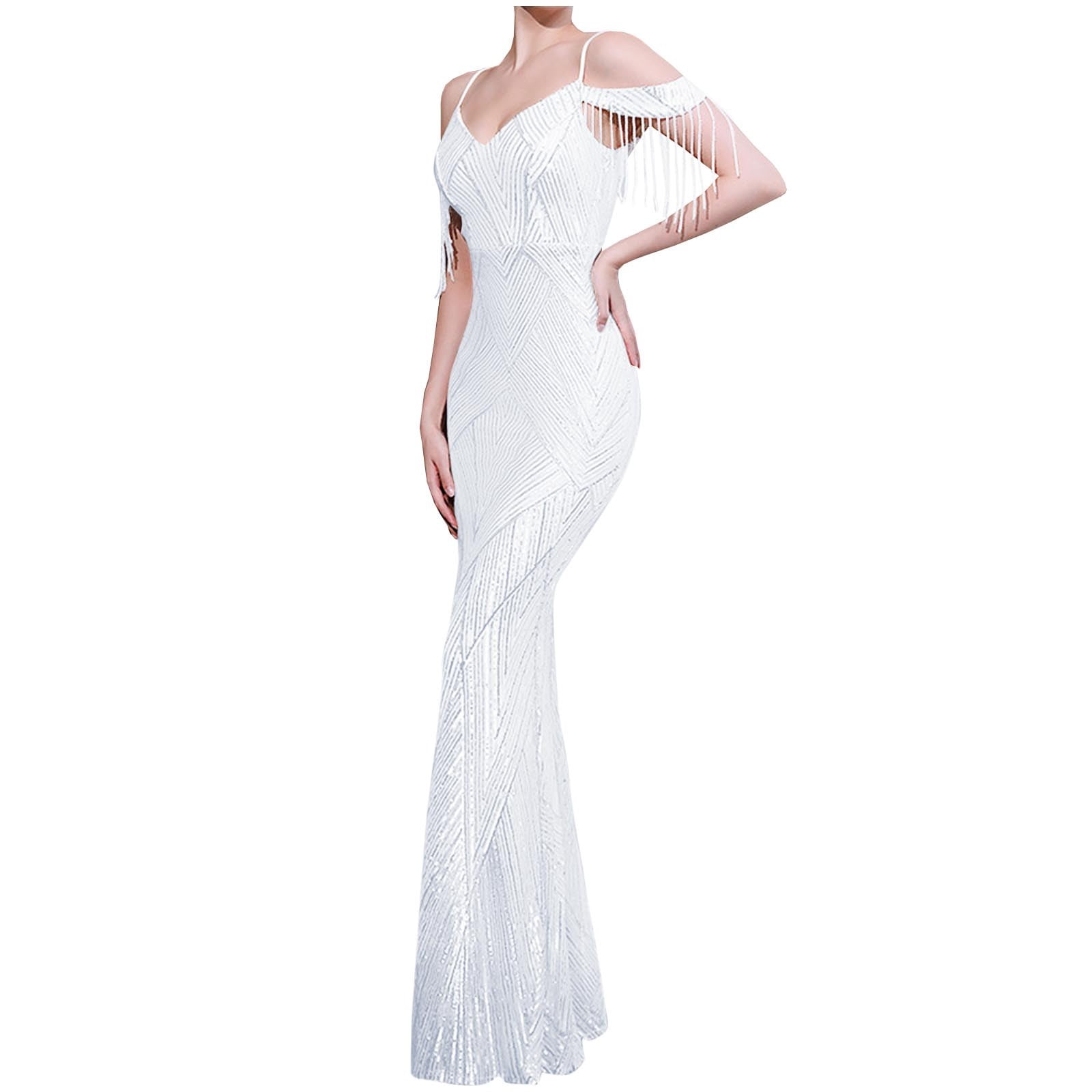 Maxi Dresses for Women Women's V Neck Sequin Formal Evening Dress Tassel Cold Sleeve Long Gown Retro Party Maxi Mermaid Dress S-6 White XL
